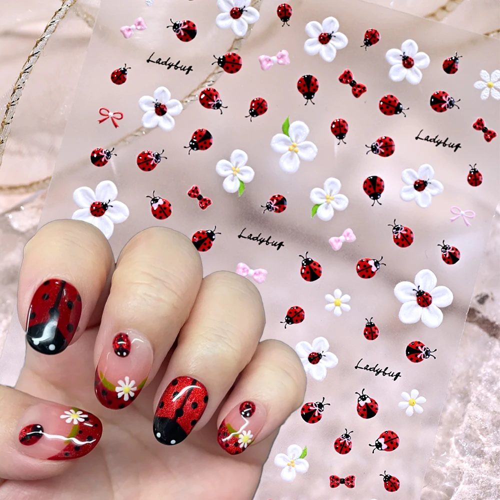 1Pcs 5D Embossed Cute Red Beetle Daisy Flower Nail Sticker Bee Ladybug Insect Floral Self-adhesive Nail Decals DIY Manicure Deco