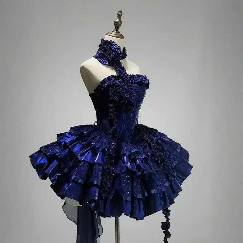 Vestido de princesa azul Lolita para mujer, vestido gótico de cintura alta, ajustado, elegante, a la moda, con volantes rosas en 3D, sin tirantes y sin mangas