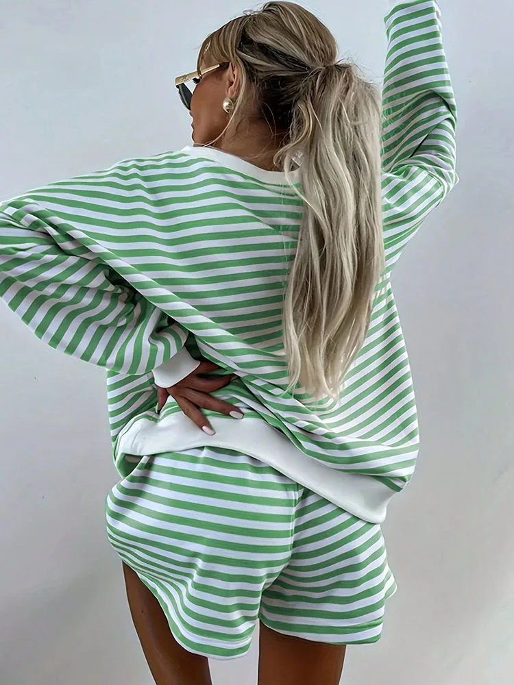 

Женские простые свободные комплекты спортивной одежды с зелеными и белыми полосками, комплекты для поездок на работу, повседневные комплекты пуловеров и шорт с длинными рукавами и v-образным вырезом