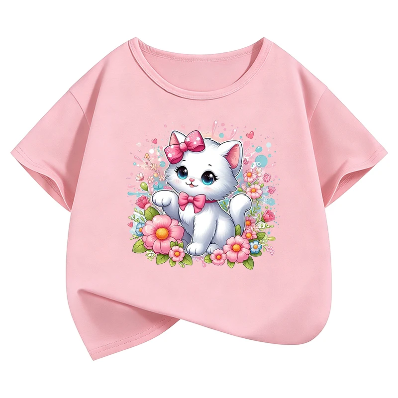 Fashion Kawaii Bow Cat T-Shirt Printed T Shirt Girls' Summer