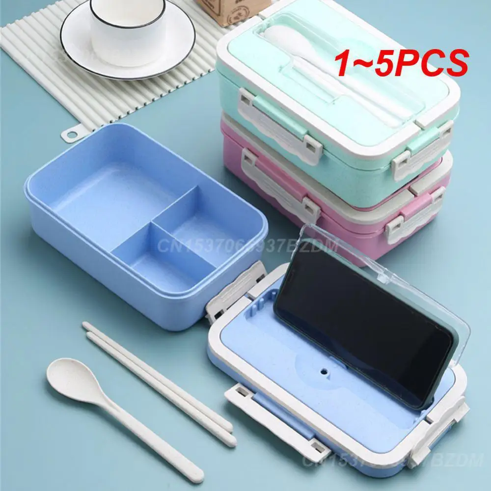 1~5PCS Microwave Lunch Box with Spoon Chopsticks Wheat Straw Dinnerware Food Storage Container Children Kids School Office Bento