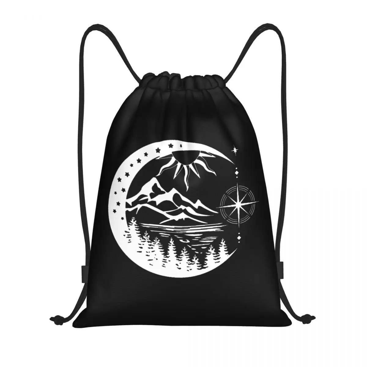 Compass Moon Mountain Drawstring Bag Men Women Portable Sports Gym Sackpack Shopping Storage Backpacks