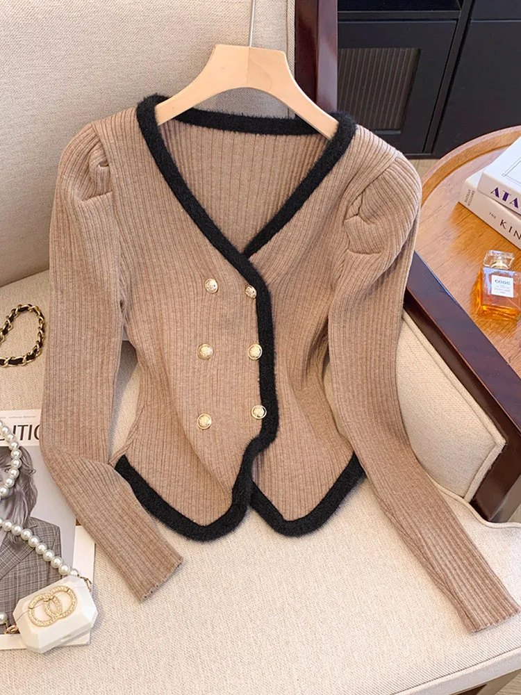 Warm Thicken Women V-Neck Asymmetrical Tops Autumn 2024 Simple Sweet Slim Sweater French Style Double Breasted Design Cardigan