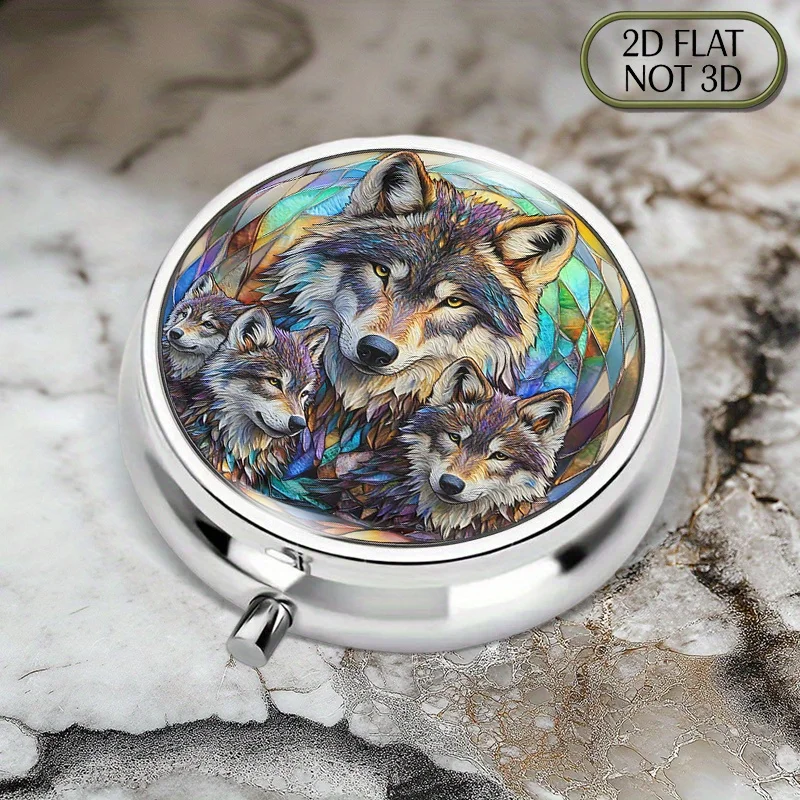 1pc flat portable round metal pill box, featuring a lively wolf and cub design, with dynamic and intricate geometric patterns, perfect for conveniently storing your essentials, ideal for storing medication, vitamins, or as a multi-purpose container