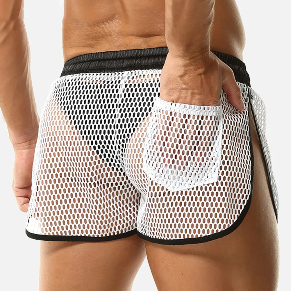 1PC Perspective Men Boxers Shorts Mesh Fishnet Polyester Fabric Breathable Drawstring Fitness Boxer Underwear