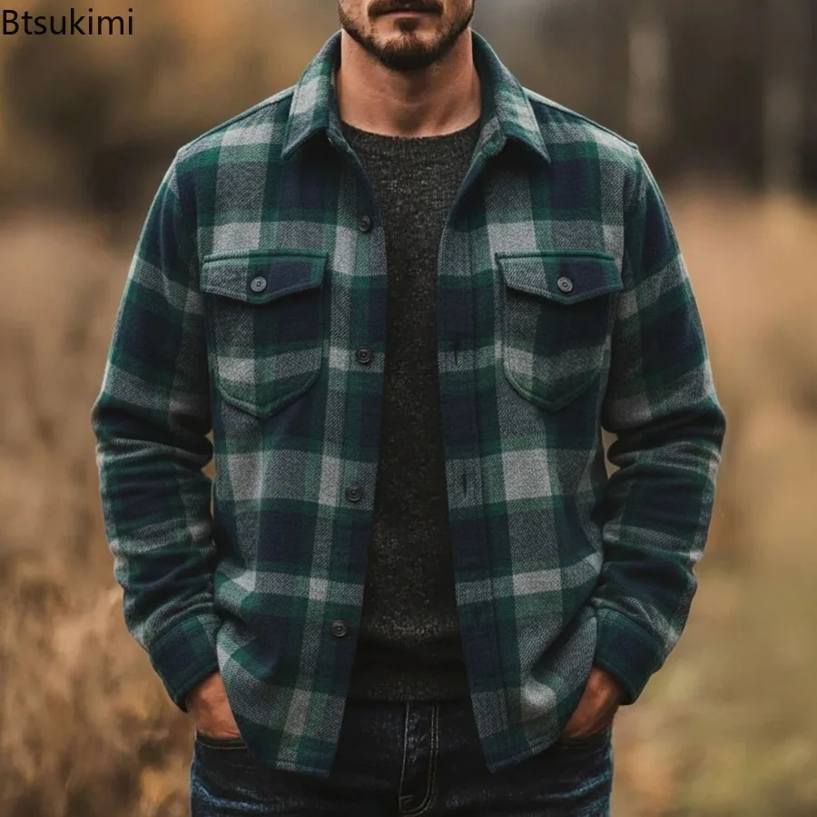 New Autumn Winter Men's Casual Plaid Shirts Button Up Long Sleeve Cardigans Double Pocket Shirt Jackets Lightweight Coats Male