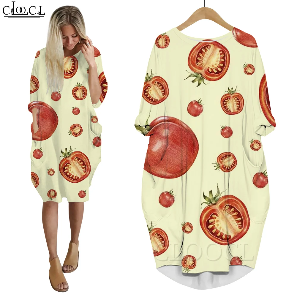 CLOOCL Dresses for Women Trendy Pullover Shirt Dress Loose Fitting Long Sleeve Vestidos Tomatoes Printing Dresses Oversized