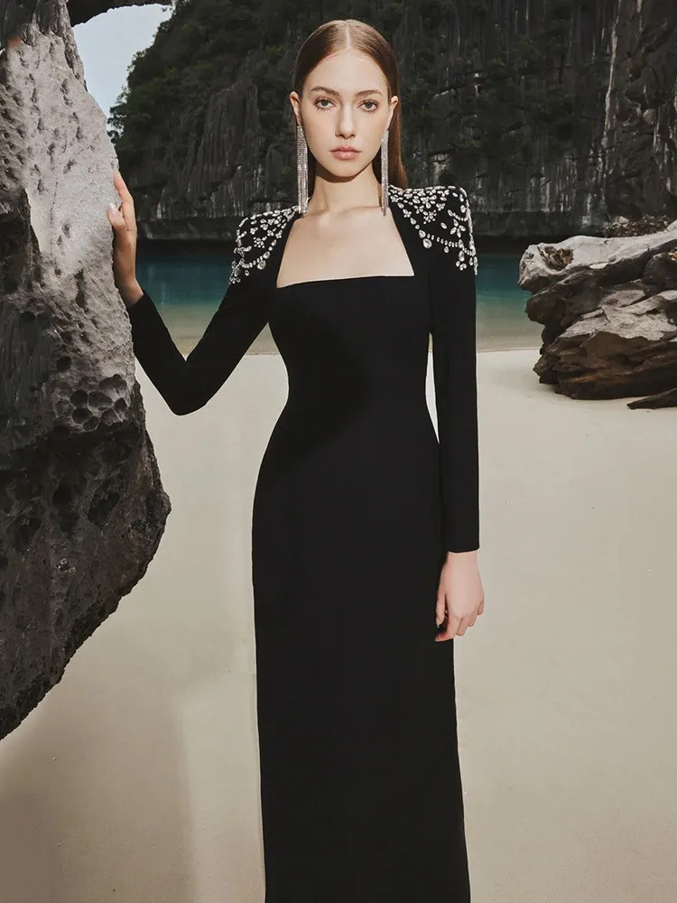

Luxury Diamonds Package Hip Dresses Spring Women Square Neck Long Sleeved Slim Dress Autumn High Waist Split Knee Length Dress