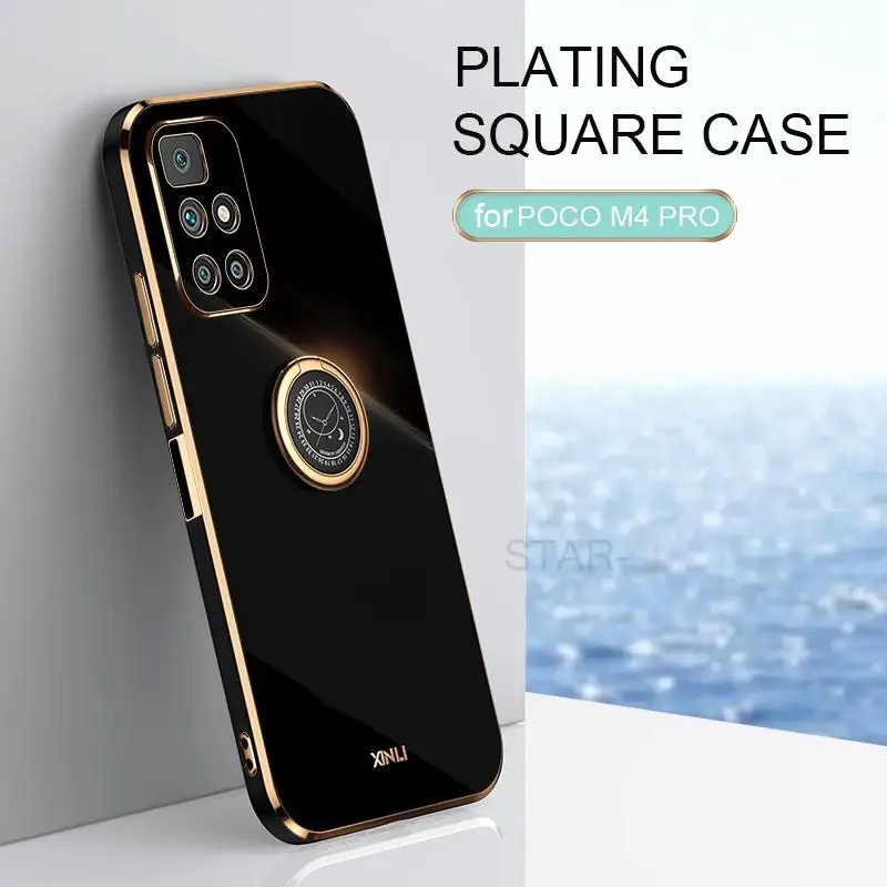 Plating Ring Holder Phone Case For Xiaomi Mi Poco M4 Pro 5G M4pro M 4 X4 4G Gold Bumper Silicone Stand Cover Poko Pocom4