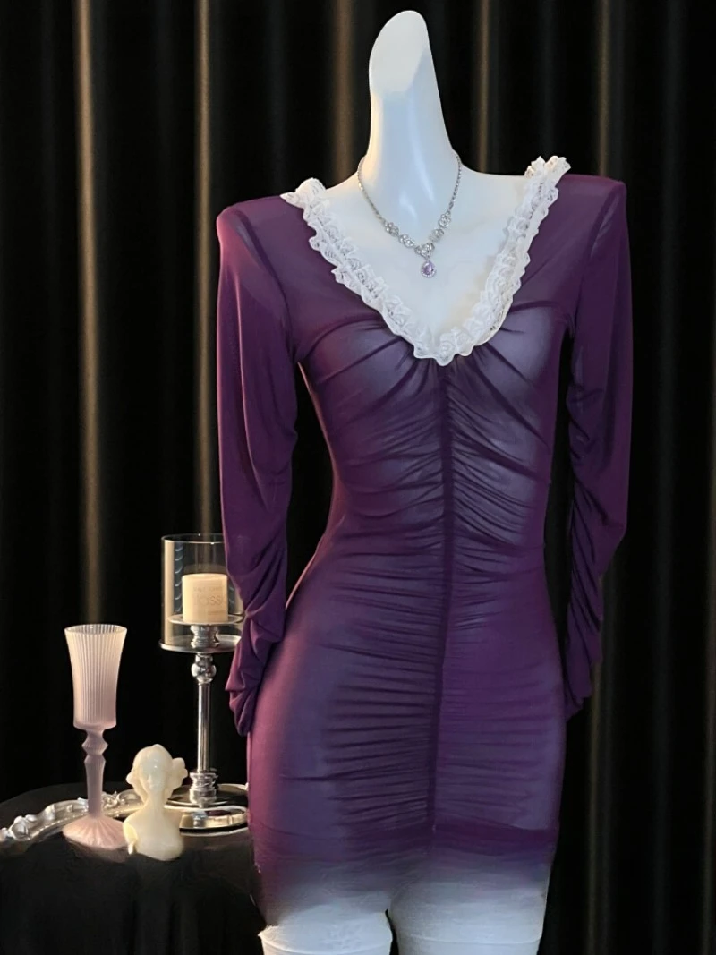 

Purple Mesh Long Sleeve Nightdress,Sexy Mature Woman Style Pajama,Tight Lace See-through Sleepwear,Elegant Hot Lingerie