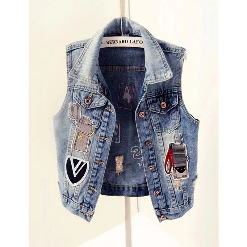 

2023 Spring Autumn Denim Vests For Women Fashion Patches Holes Sleeveless Jean Jackets Outwear Female Casual Waistcoat