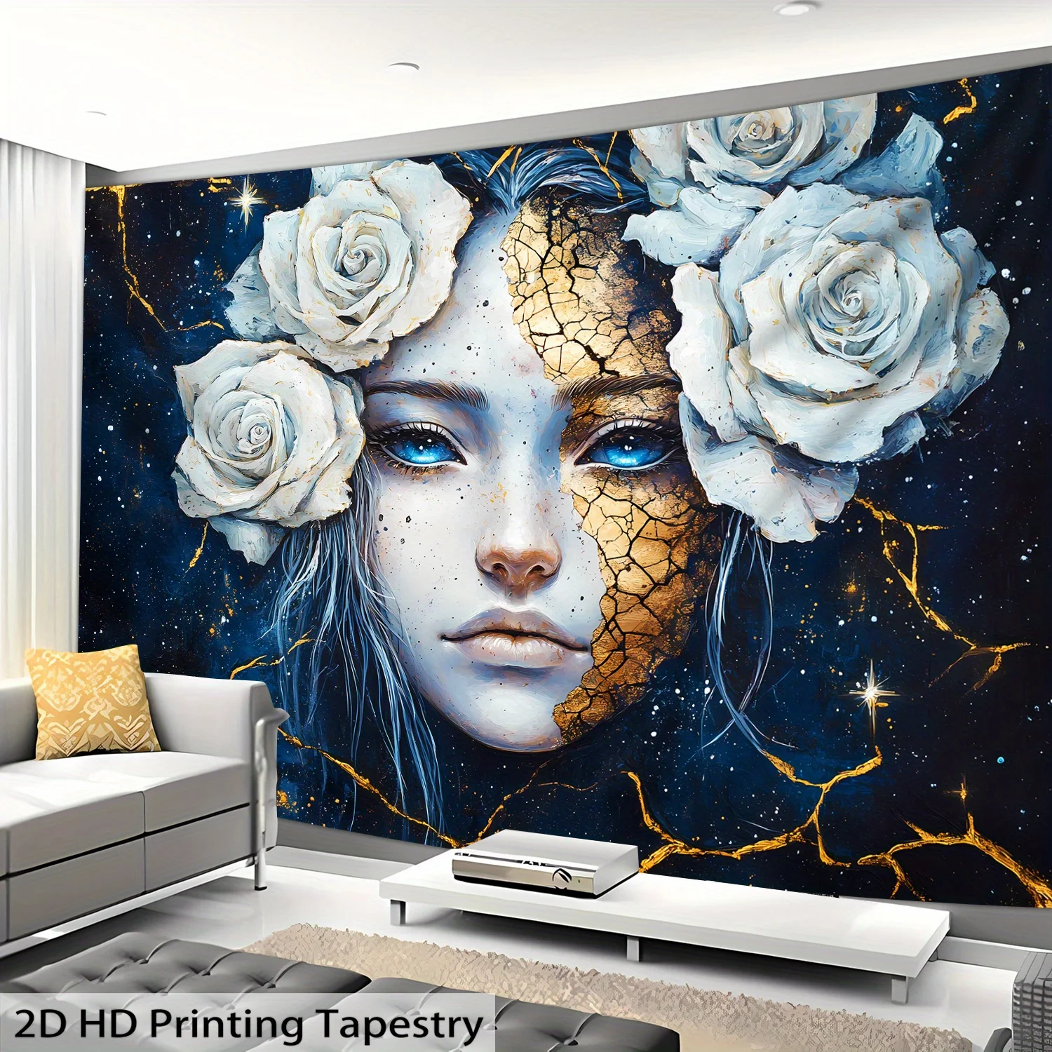 Fantasy Woman Face Half Cracked Gold Galaxy Blue Roses Wall Tapestry Art Decor Boho Bedroom Living Room Wall Hanging