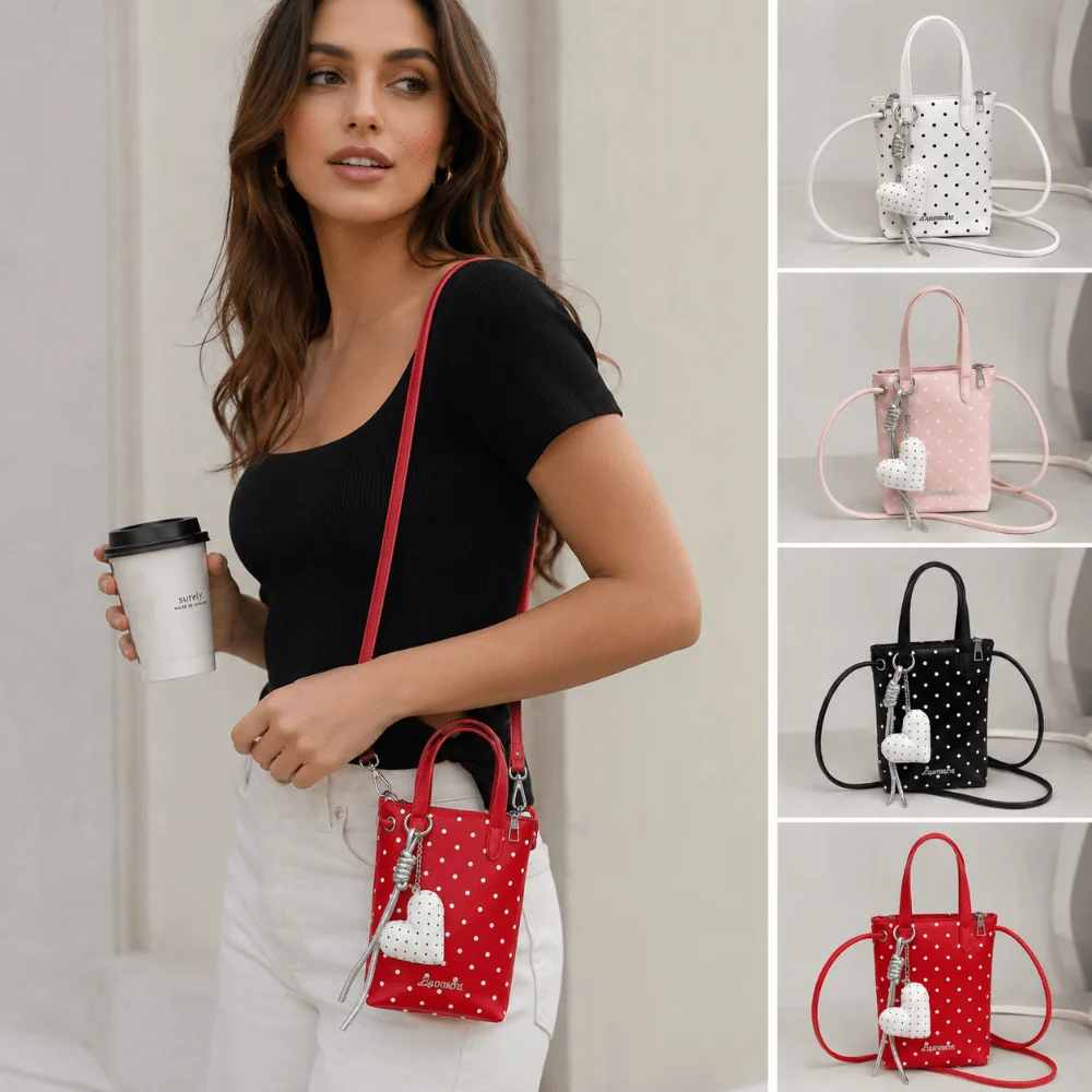 Casual Y2K Mini Phone Bag Polka Dot Heart Pendant Small Square Bag PU Leather Shoulder Bag