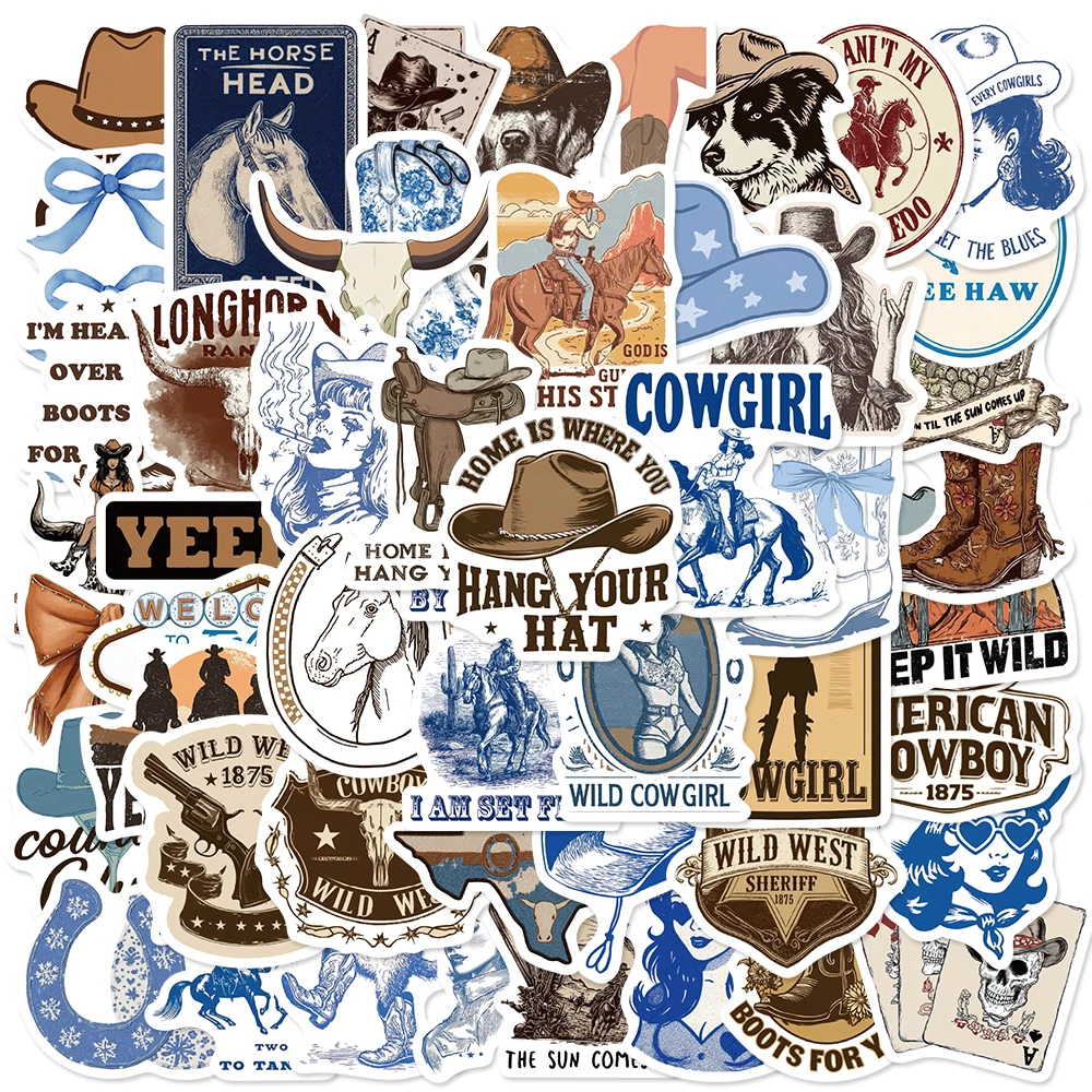 

50 шт. синие западные ковбойские водонепроницаемые наклейки для бутылки с водой, ноутбука, скейтборда, родео, сувениры для вечеринки, декор для спальни для мальчиков-подростков