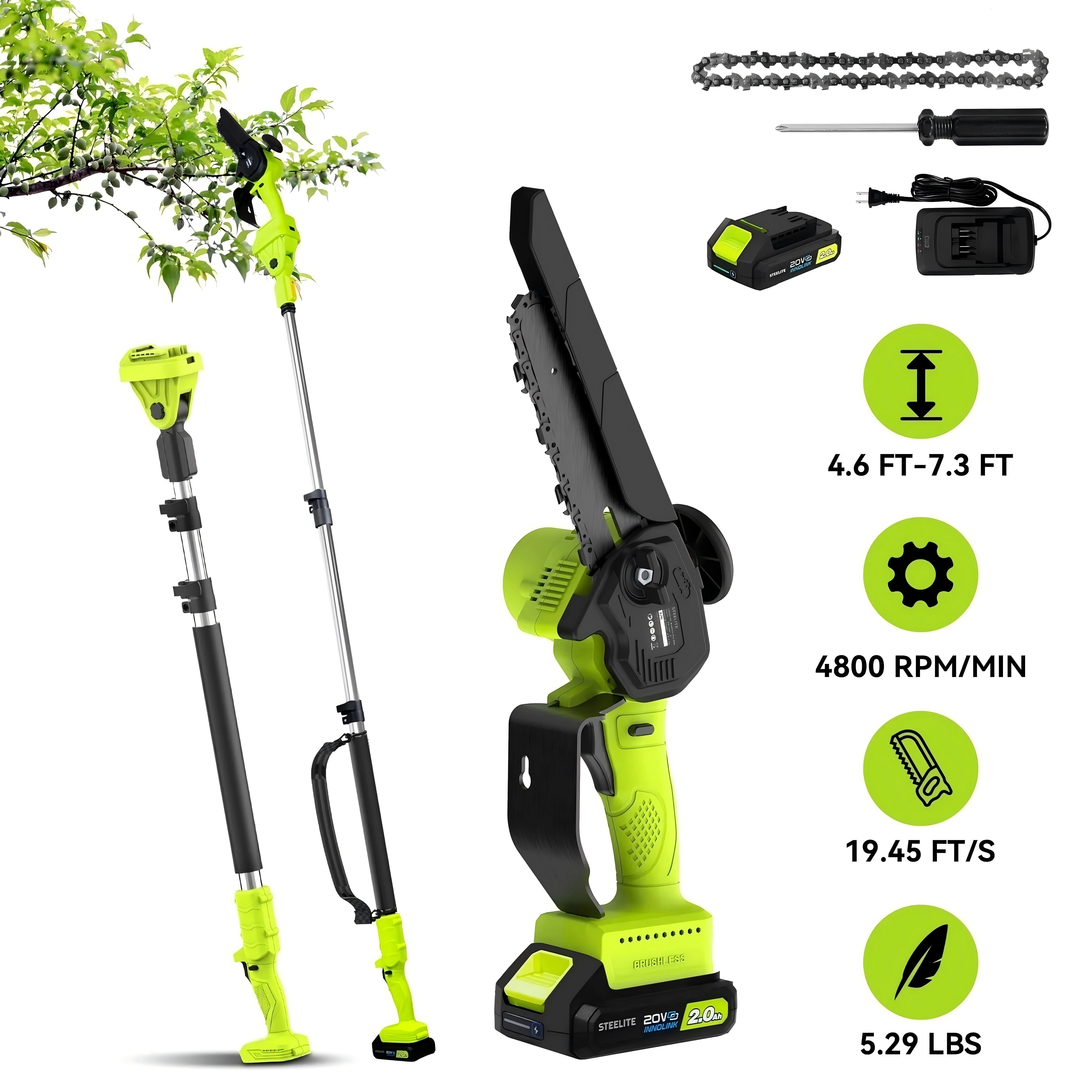 Deli 2-in-1 Cordless Pole Saw 21V 6 Inch Mini Chainsaw Brushless with 2.0Ah Battery and Charger for Tree Trimming