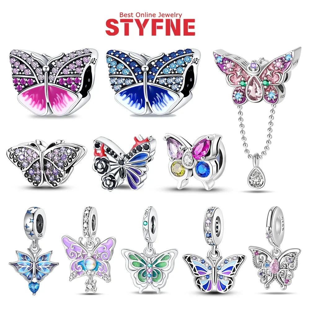 

925 Sterling Silver Fantasy Colorful Butterfly Series Charms Pendent Fit Bracelet Diy Making Women Fashion Jewelry