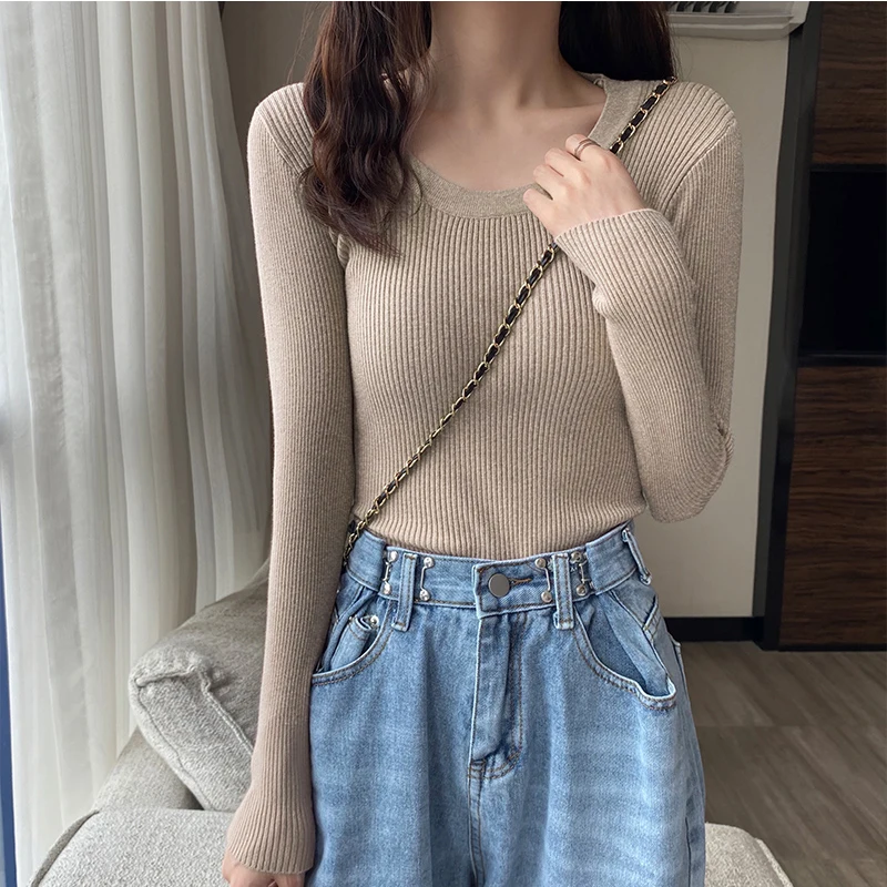 chic casual Autumn Winter Basic Sweater pullovers Women O-neck Solid Knit Slim Pullover female Long Sleeve warm Khaki Sweater