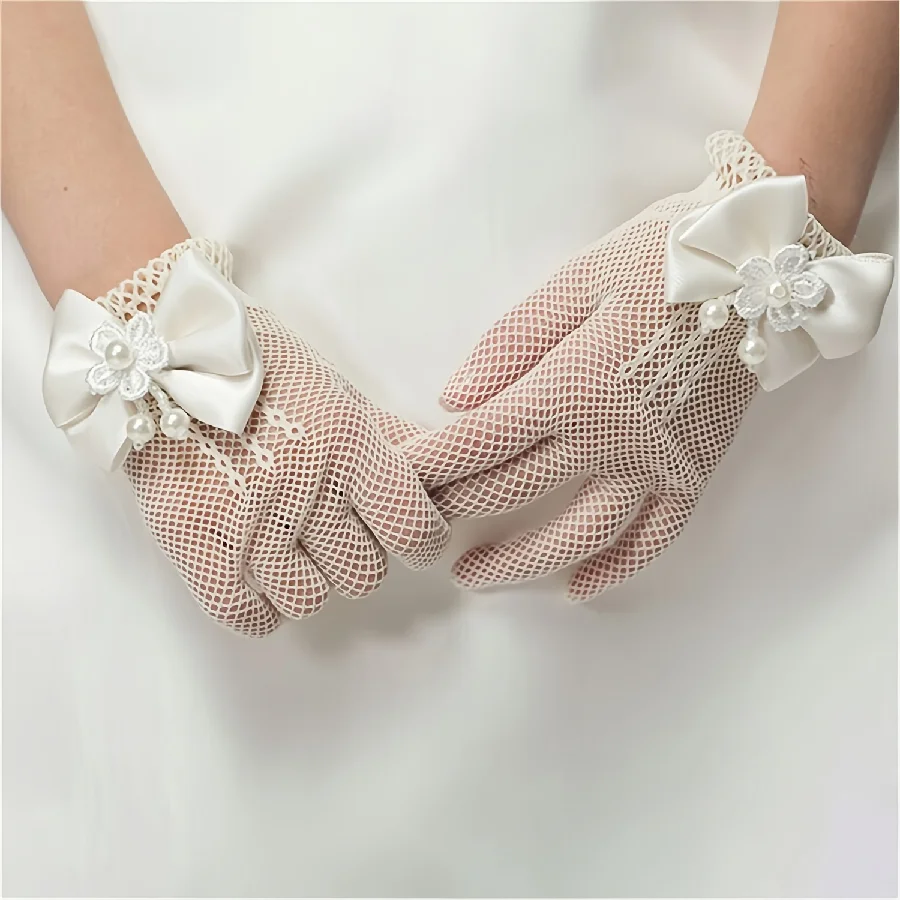 New Children\'s Mesh Bow Lace Pearl Fishing Net Gloves Children\'s Fashion Elegant High Elastic Short Gloves Party Gloves