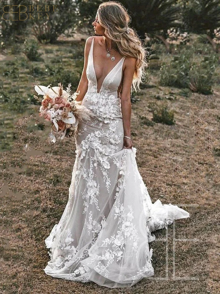 BEBEKEY فستان زفاف دانتيل مثير عميق على شكل حرف v مخصص بدون ظهر حورية البحر لحفلات الزفاف فساتين زفاف فساتين رسمية