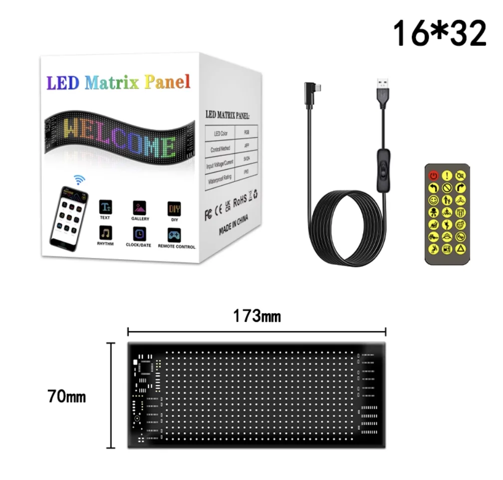 Panel LED 16x32 7x17 CM Mata LED Untuk Truk Panel Matriks LED RGB Panel Mobil LED DIY Dapat Diprogram Kontrol Aplikasi Bluetooth Lampu Bergulir