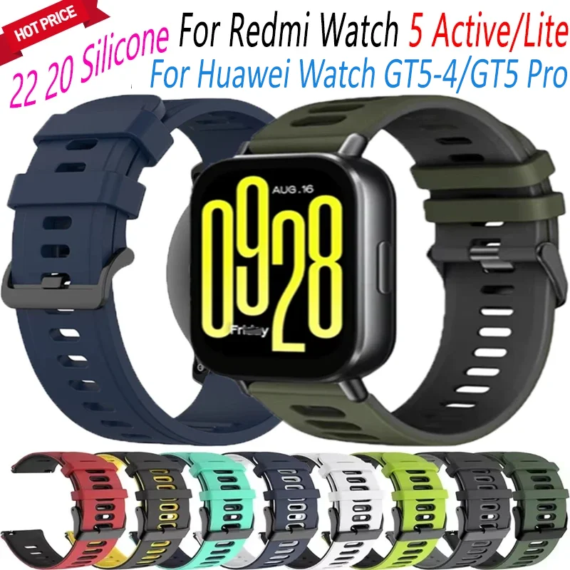 Pulseira de silicone de 22mm 20mm para redmi watch 5 active/lite pulseira macia de fácil ajuste para huawei watch GT5-4/gt5 pro 46mm correa