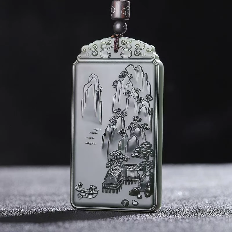 Natural Hetian cyan Jade Carving Landscape Pendant Jadeite Charm Necklace Exquisite Jewelry Men Women with Chain