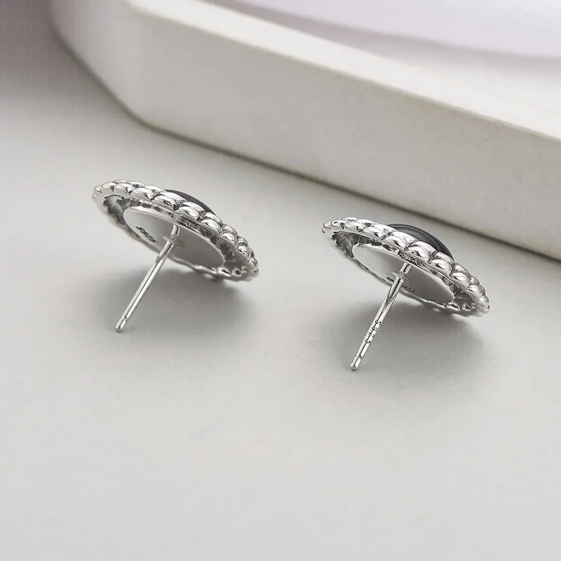 S925 Sterling Silver Charms Studs Earrings for Women Threaded Edge Inlaid Round Agate Ear Stud Fashion Jewelry Free Shipping