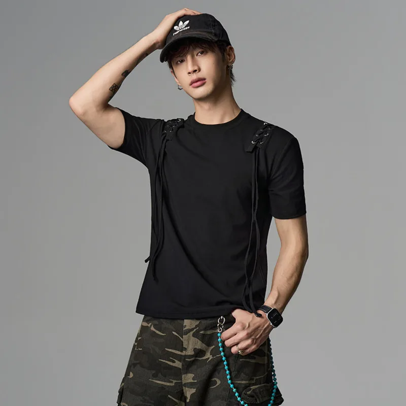 HKSH Summer New Men's Tide Dark Original Handmade Tees Personalized Trend Shoulder Drawstring Chic Ins Punk T-shirt Vibe HK25437