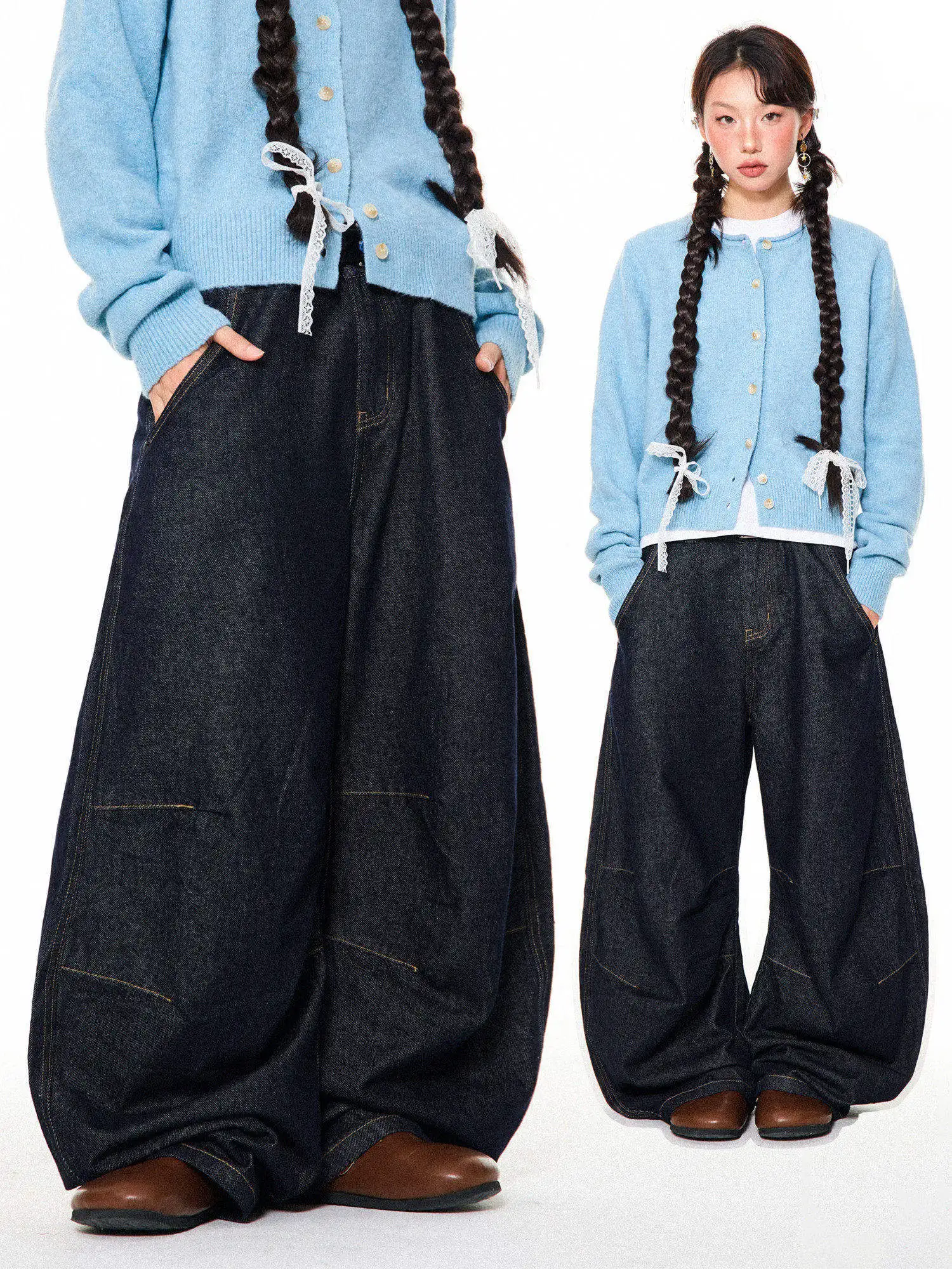 

Джинсы Young Stage в американском стиле ретро, оригинальные цветные широкие брюки, женские свободные джинсы со сложенным подолом, повседневные джинсы с талией