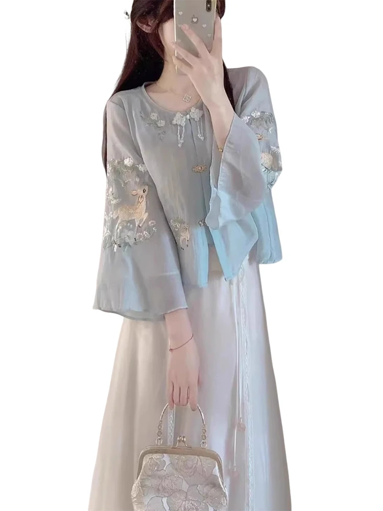 Nieuwe Chinese Sle Geborduurde Zomer Outfit Dames Zachte Sle Tweedelige Set Met F Rok Or S Sve Ronde Ne knop