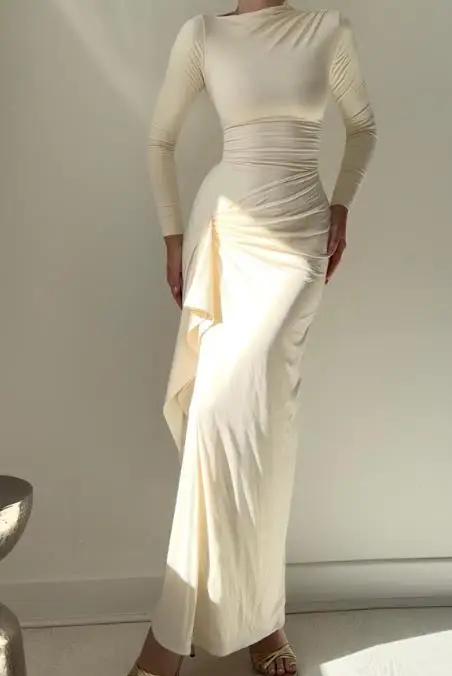 

Slim Fit Women's Dress with Elegant and Mature Spring Temperament Featuring A Lotus Leaf Edge Slit and Long Sleeved Dress