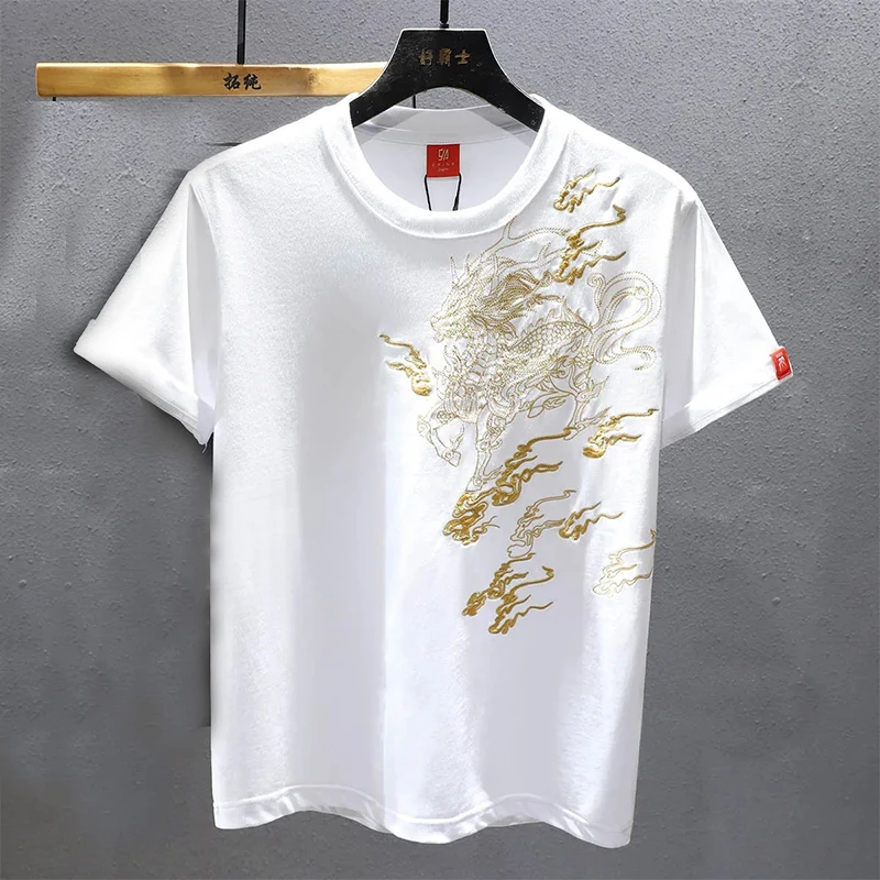 

2025 Spring and Summer Heavy Industry Phoenix Embroidery T-shirt Men's Half-sleeved Fashion Loose Short-sleeved National Trend