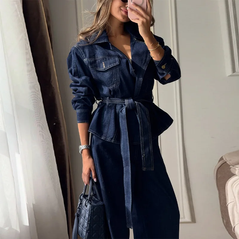 Revers-Taillenbetonende Schnür-Jeansjacken-Hosen-Sets für Damen, Street-Style, Langarm-Slim-Jacken, Weitbein-Hosen, Schicke Damen-Outfits – Detail 12