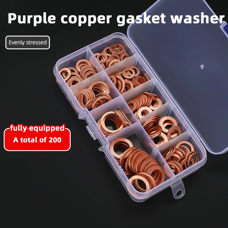 

200/300PCS Copper Washer Gasket Nut and Bolt Set Sealing Solid Gasket Washer Flat Ring Seal Assortment Kit for Sump Plugs