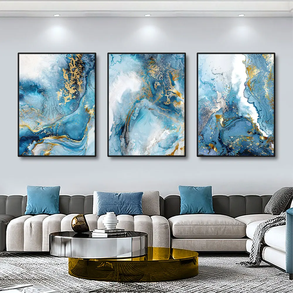 3PCS frameless decorative art print,3pcs frameless canvas painting  Luxury Marble Texture Canvas Prints Blue And Gold. Natura