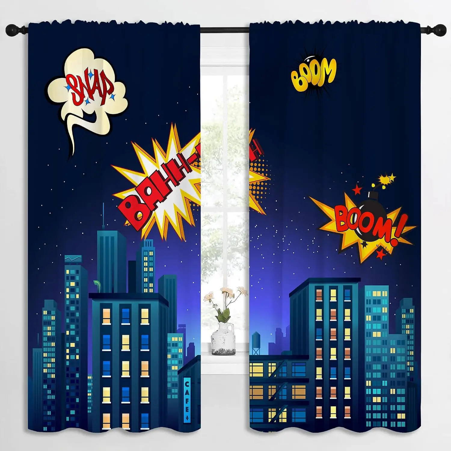 Dark Starry City Building Comic Boom Sound Blackout Rod Pocket Curtain Cool Superhero Boys Decor Bedroom Rest Bay Window