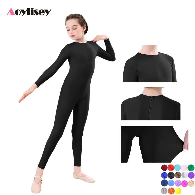 AOYLISEY Girls Dance Unitard Kids Ballet Skate Gymnastics Full Body Leotard Black Long Sleeve Bodysuit Children Jumpsuit Wear