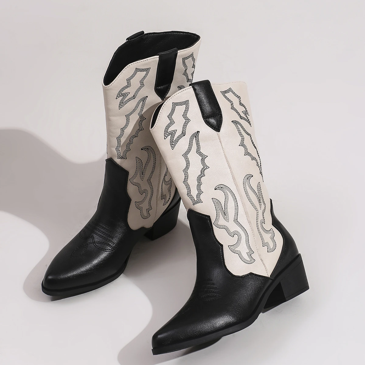 Plus Size 43 Winter White Mid Calf Boots Retro Brown Cowboy Boots Women Fall Pointy Toe Embroidery Cowgirl Booties Shoes