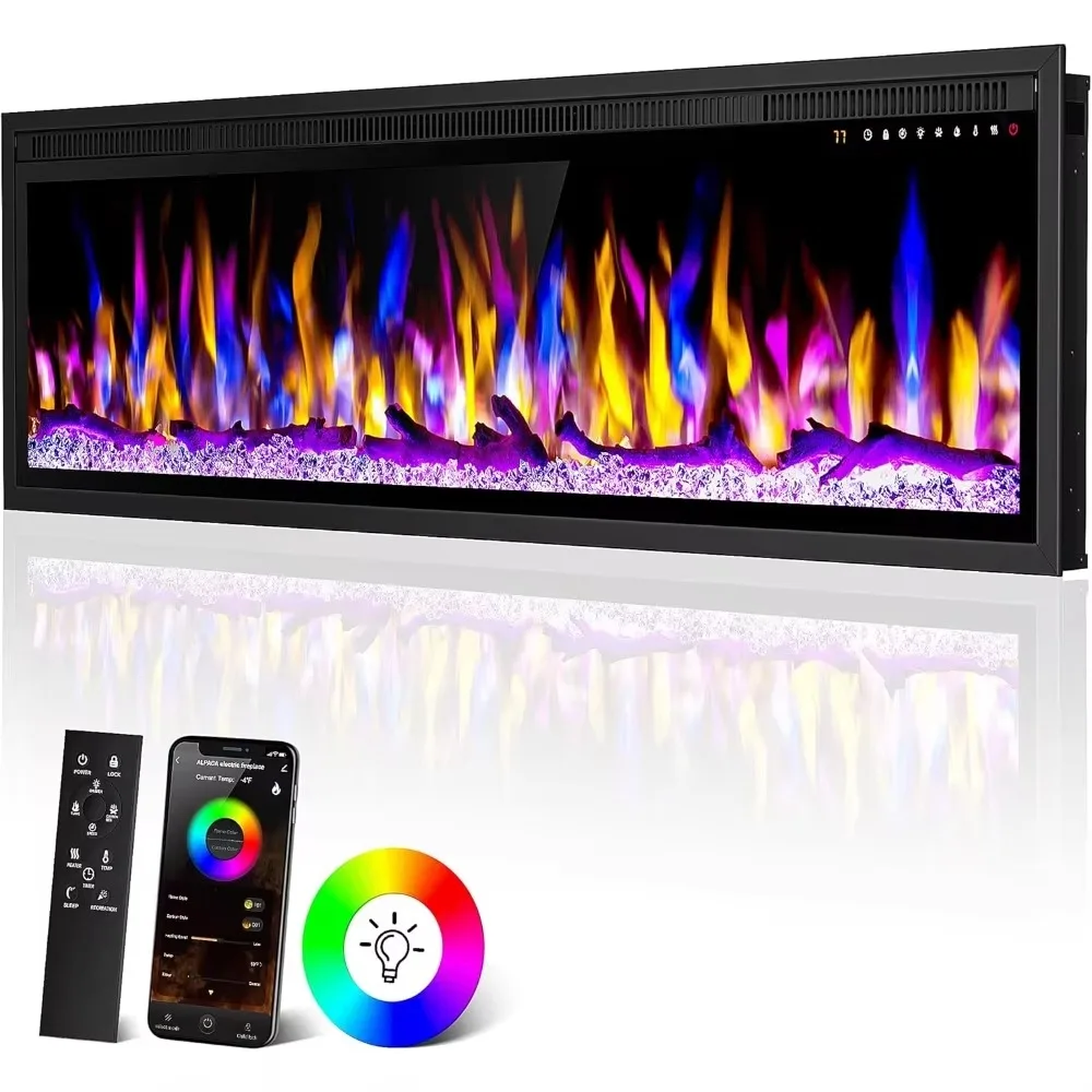 Calentador de chimenea eléctrico inteligente compatible con WiFi de 50 ", 13 colores de llama ajustables, chimeneas lineales empotradas en la pared y montadas en la pared