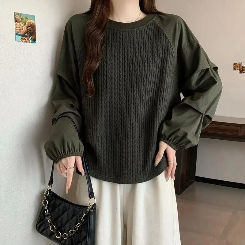 Plus Size Women Cable Knit Patchwork Ruched Long Sleeve Tee Autumn Winter Loose Fit Hide Tummy Casual Daily Wear Versatile Tops