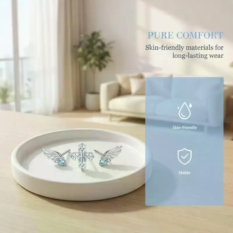 3Pcs Fashion Wing Stud Earrings Creative Angel Wings Shiny Crystal Personality Ear Bone Nail Jewelry Accessories Gifts