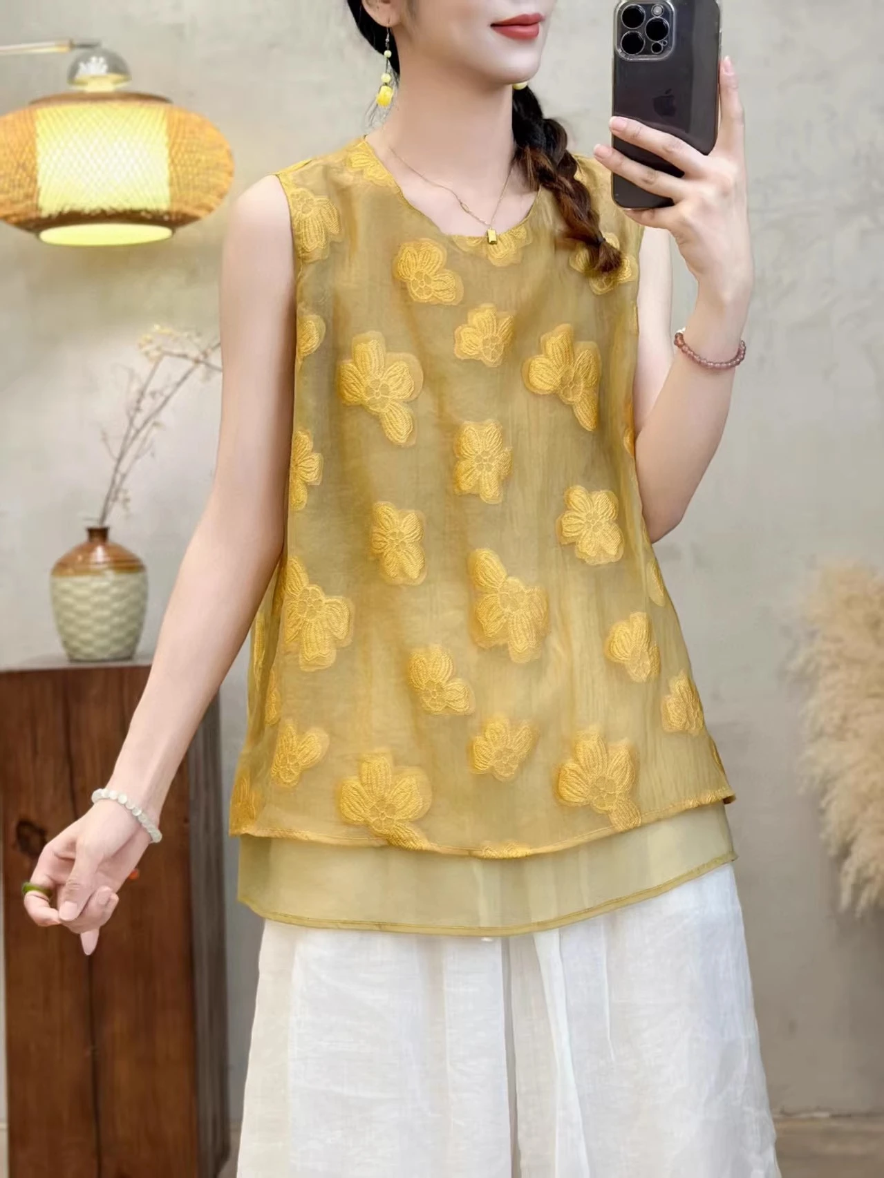 Faionable Gilet rotondo ricamato Ne Svel da donna Estate New Sle Large Size Fat MM Capispalla Top Materiale in poliestere