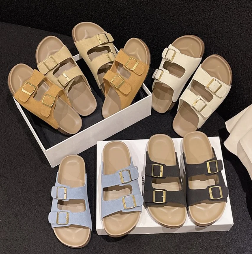 Summer Women Sandals Flats Cork Slippers Casual Shoes Fashion Leather Buckle Beach Ladies Slides Women Flip Flop Chanclas Mujer