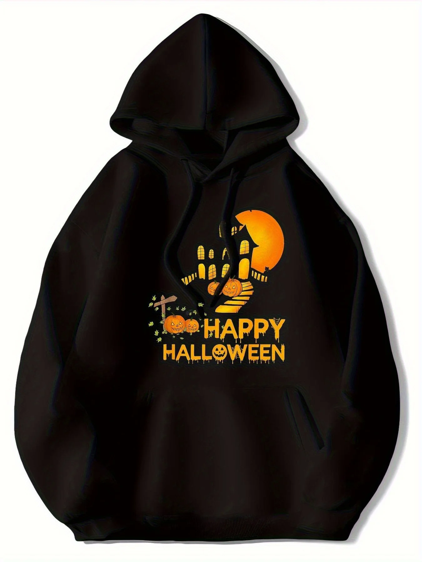 

Halloween Hoodies for Men and Women - Haunted House, Bats and Jack-O-Lantern Print Pullover with "Happy Halloween" Text -