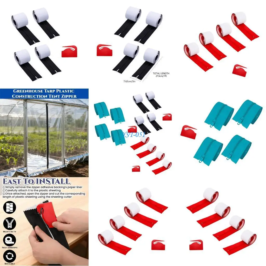

E15A 4Pcs Double Sided Adhesive Door Zippers Dust Protections Barrier Zippers with Plastic Sheeting Cutter for Greenhouse