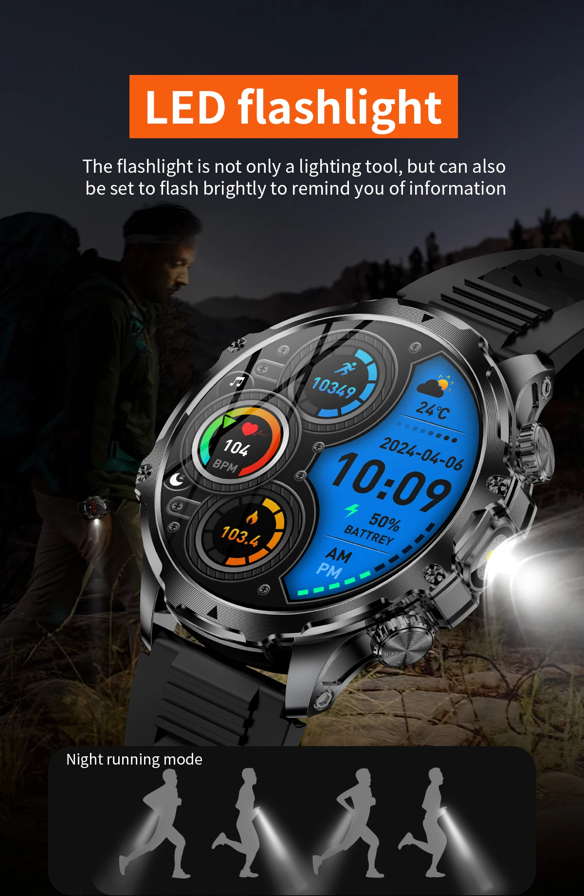 AK75 Smart Watch Flashlight 1.9inch Men Outdoors Sports Fitness Tracker 700mah Large Battery BT Calling LED Light Smartwatch