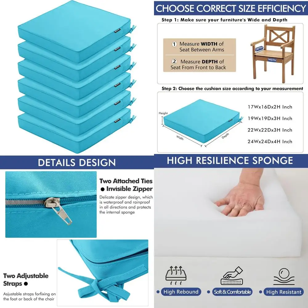 

Set of 6 Waterproof Outdoor Chair Cushions, 16x17 Inches, Thick Seat Cushions with Ties, 5-Year Colorfast, Suitable for Patio Fu