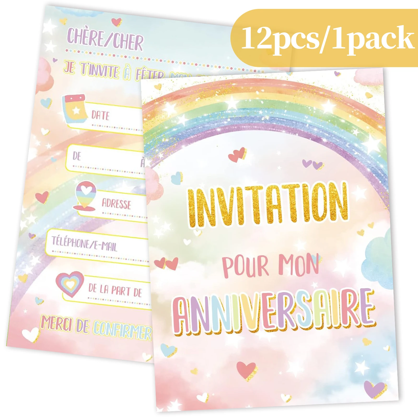 12 französische Traum-Regenbogen-Geburtstagseinladungskarten mit handgemaltem Design von „Sterne/Herzen/Wolken“, geeignet für Geburtstagsfeiern