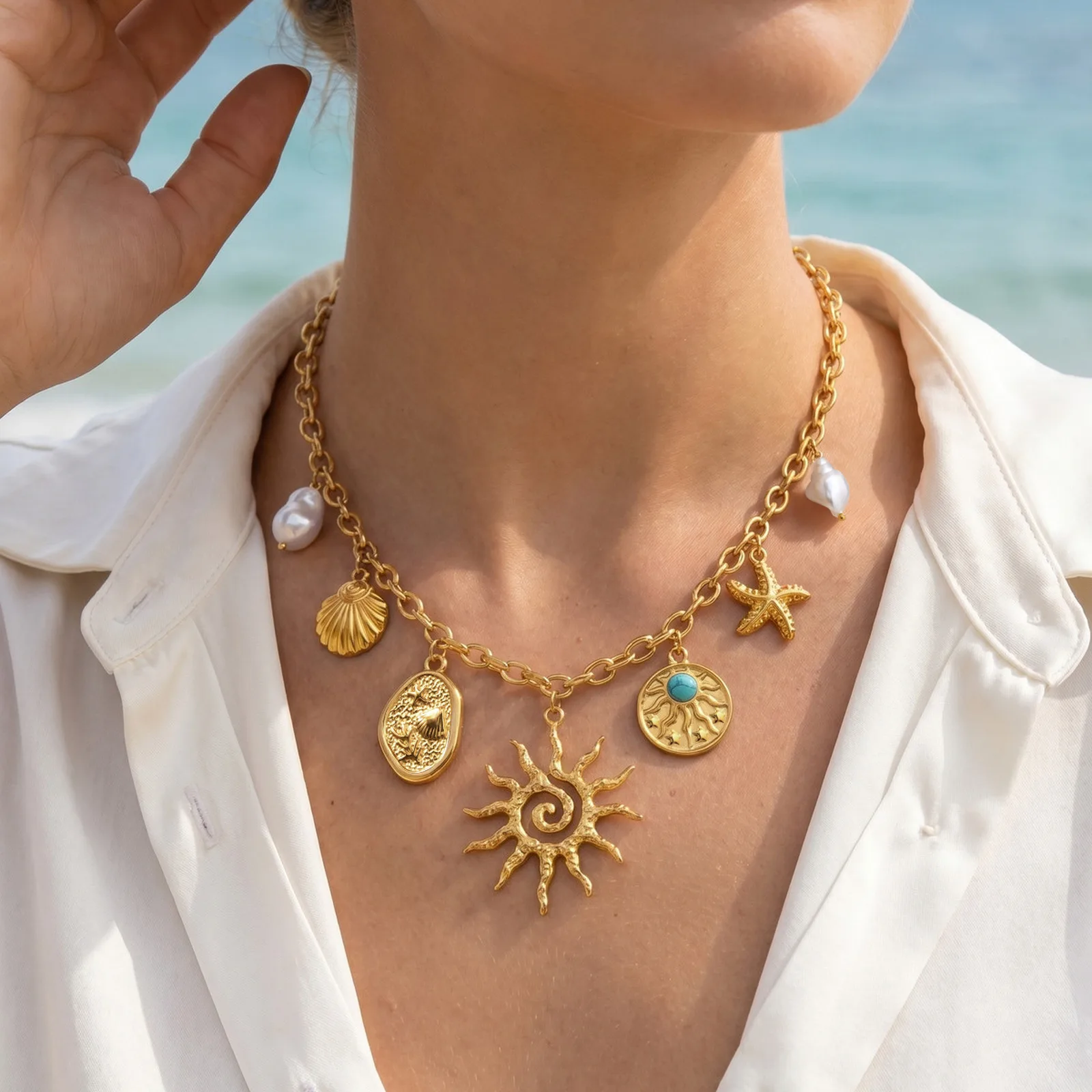 Sun Necklace, 18K Gold Plated Stainless Steel, Waterproof Swirl Sunburst Starfish Scallop Baroque Pearl Jewelry Women