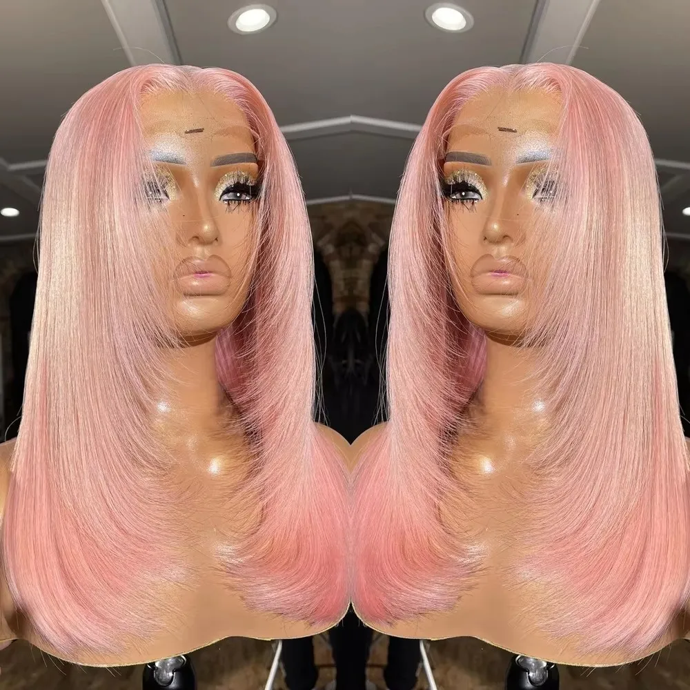 MXWIG Synthetic Hair Layer Pink Straight Glueless  Lace Front Wig For Black Women Preplucked 26 